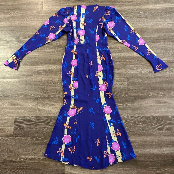 NWT Silvia Astore Jade Blue Floral Silk Midi Dress Size 42 |‎ Medium Long Sleeve - Picture 14 of 16
